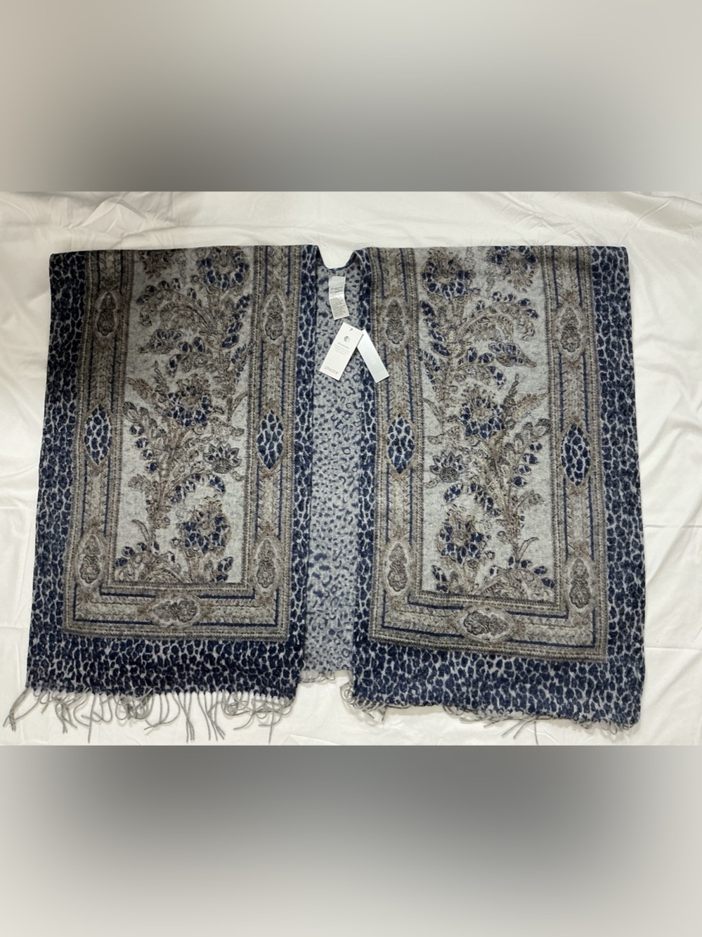 Chico's NWT 100% Wool Reversible Printed Fringe Ruana Wrap Blue Paisley - $139